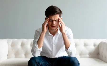 Парень сидит на диване держась за голову